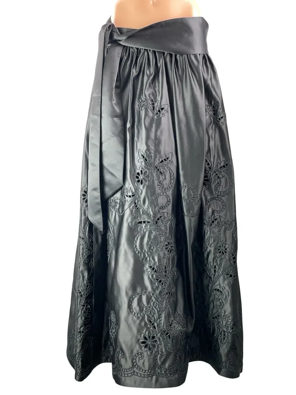 Chetta B Evening Women's Gray Silver Satin Floral Embroidered Tie Maxi Skirt 14